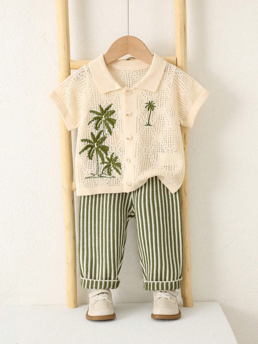 Unisex Baby/Baby Boy 2pcs Casual Cute Vacation Style Knit Short Sleeve Cardigan And Pants Set, Baby Boy Outfit Sets, Baby Boy Summer Clothes