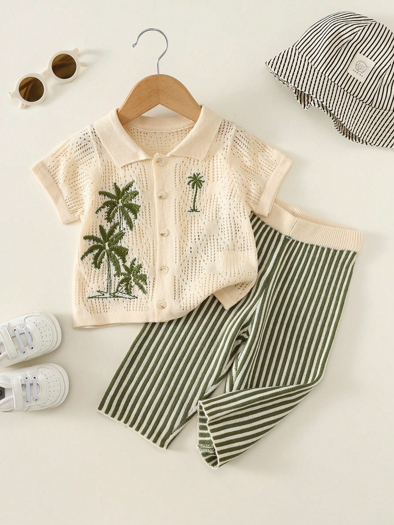 Unisex Baby/Baby Boy 2pcs Casual Cute Vacation Style Knit Short Sleeve Cardigan And Pants Set, Baby Boy Outfit Sets, Baby Boy Summer Clothes