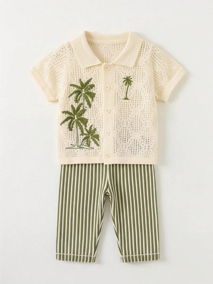 Unisex Baby/Baby Boy 2pcs Casual Cute Vacation Style Knit Short Sleeve Cardigan And Pants Set, Baby Boy Outfit Sets, Baby Boy Summer Clothes