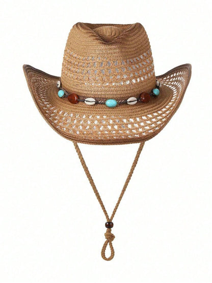 Unisex Brown Hollow Straw Cowboy Hat, Suitable For Outdoor, Casual, Beach, Vacation