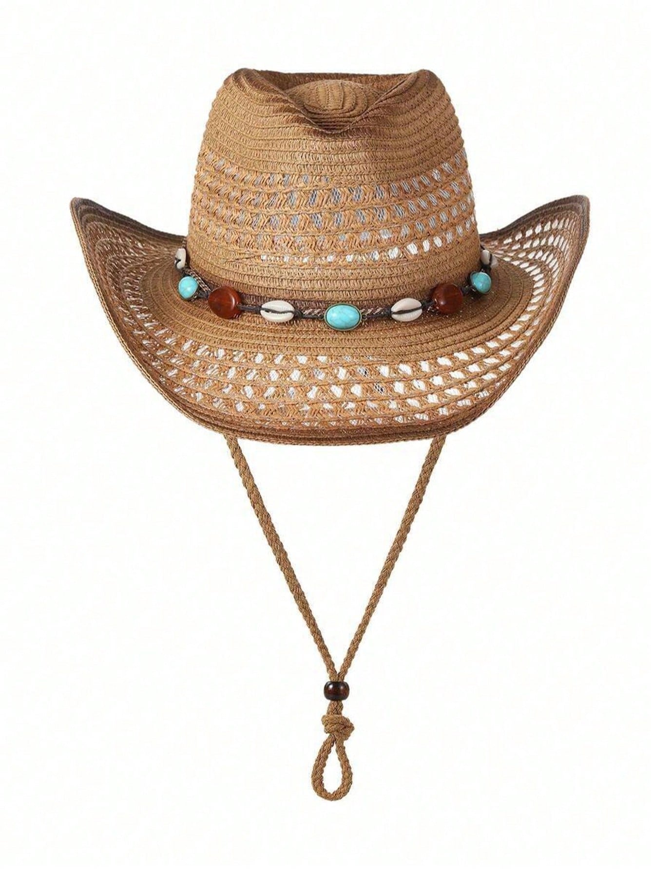 Unisex Brown Hollow Straw Cowboy Hat, Suitable For Outdoor, Casual, Beach, Vacation