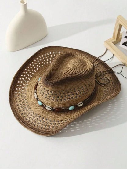Unisex Brown Hollow Straw Cowboy Hat, Suitable For Outdoor, Casual, Beach, Vacation