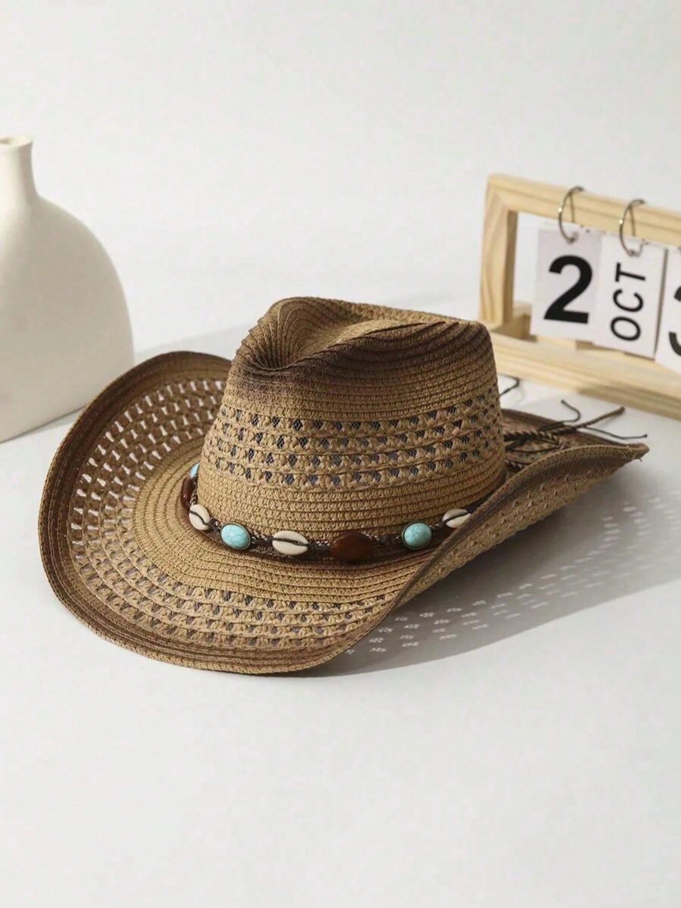 Unisex Brown Hollow Straw Cowboy Hat, Suitable For Outdoor, Casual, Beach, Vacation
