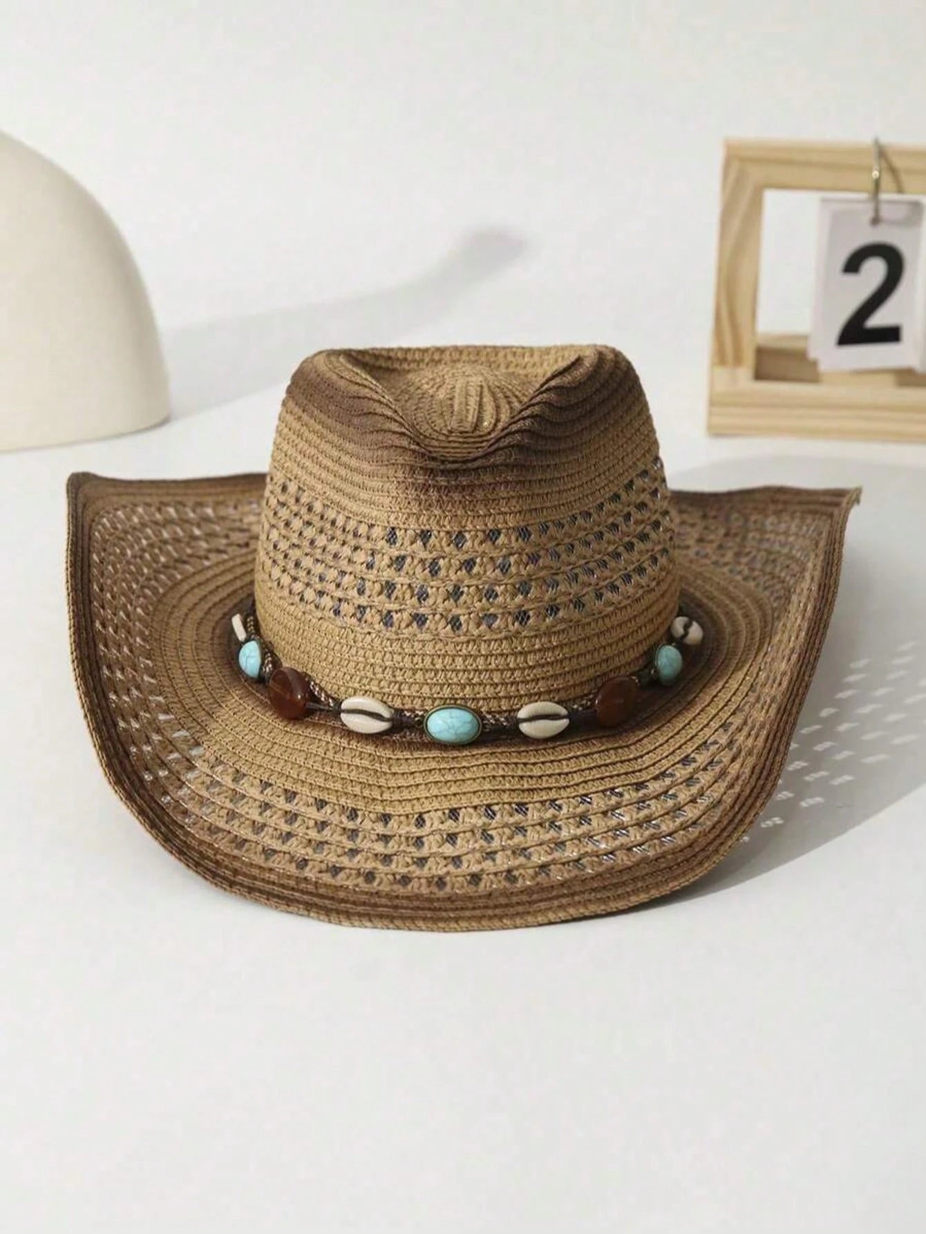 Unisex Brown Hollow Straw Cowboy Hat, Suitable For Outdoor, Casual, Beach, Vacation