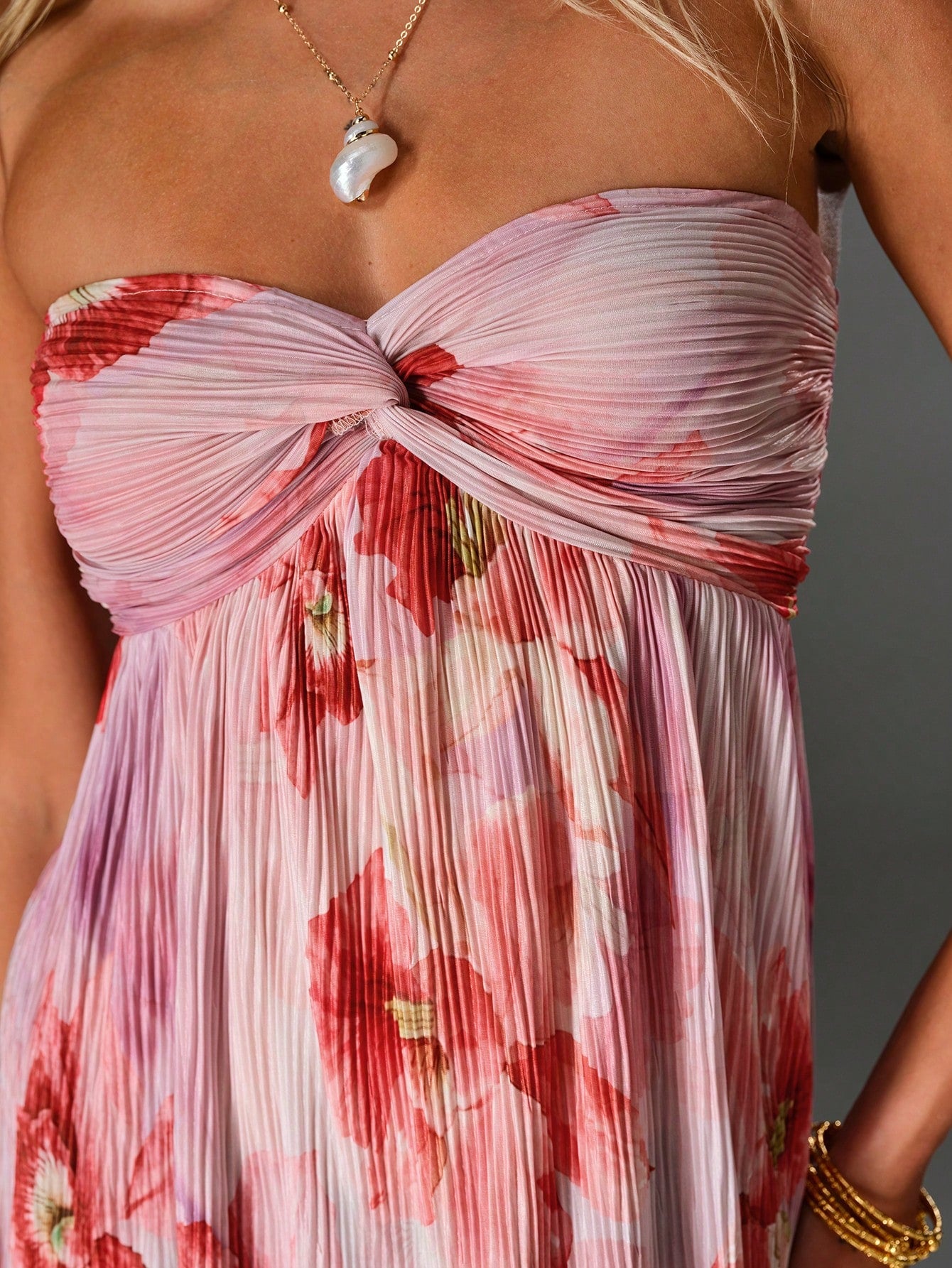 Unity Spring Summer Vacation Romantic Ruched Floral Print Twist Knot Strapless Mini Dress For Women
