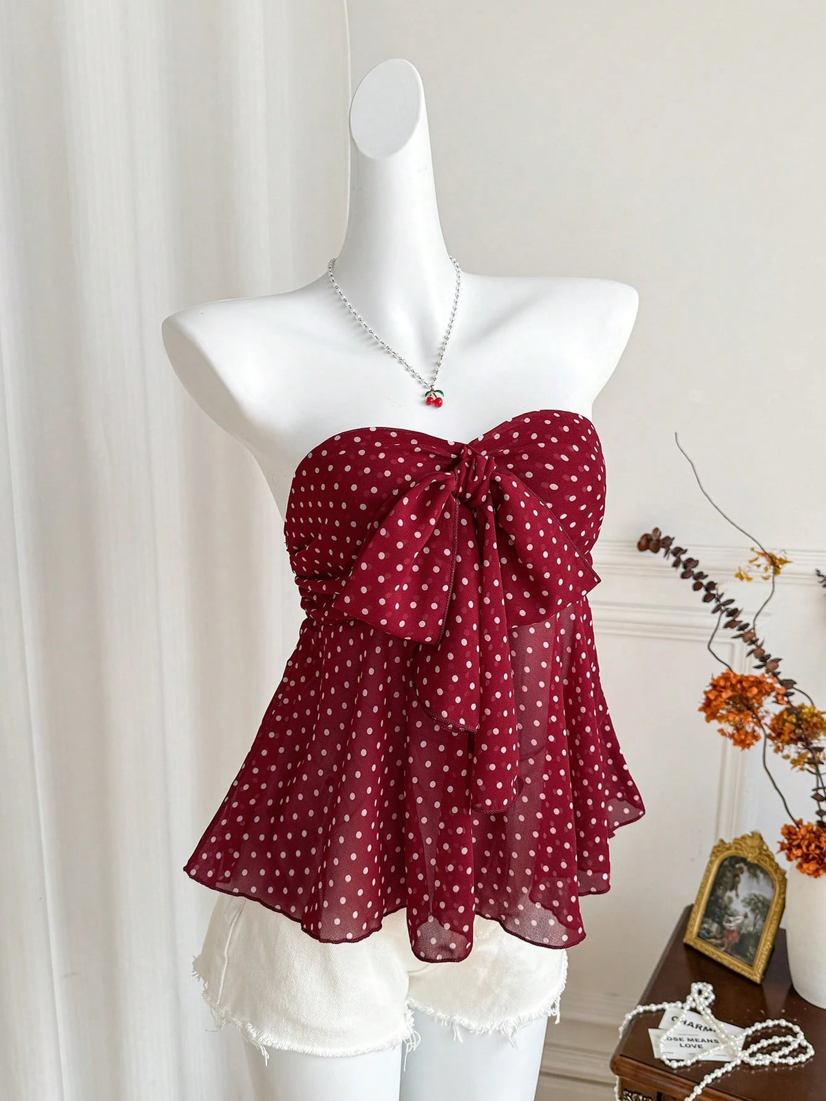 Unity Women's Polka Dot Sexy Bandeau Tie Bow Sleeveless Crop Top, Fashionable Sweet Versatile Sexy Clubwear, Spring/Summer