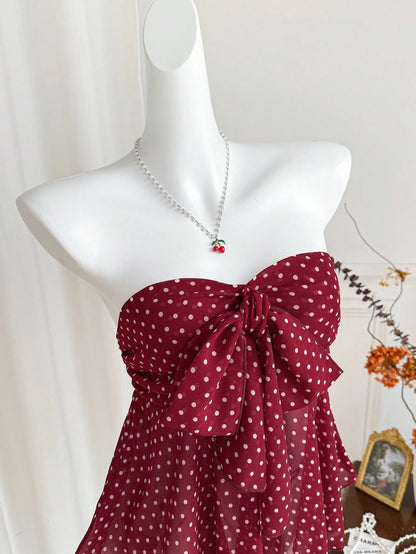 Unity Women's Polka Dot Sexy Bandeau Tie Bow Sleeveless Crop Top, Fashionable Sweet Versatile Sexy Clubwear, Spring/Summer
