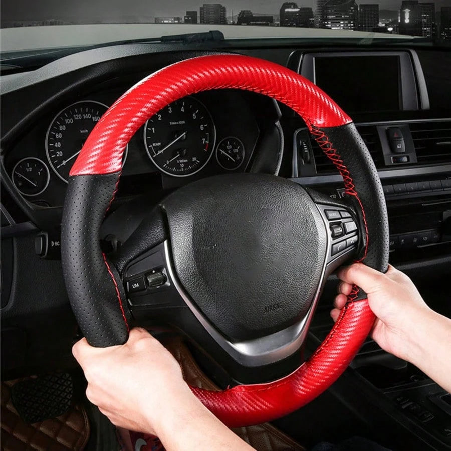 Universal Car Steering Wheel Cover DIY Hand Sewing Carbon Fiber Style Artificial Leather Breathable Anti-Slip Interior Accessories