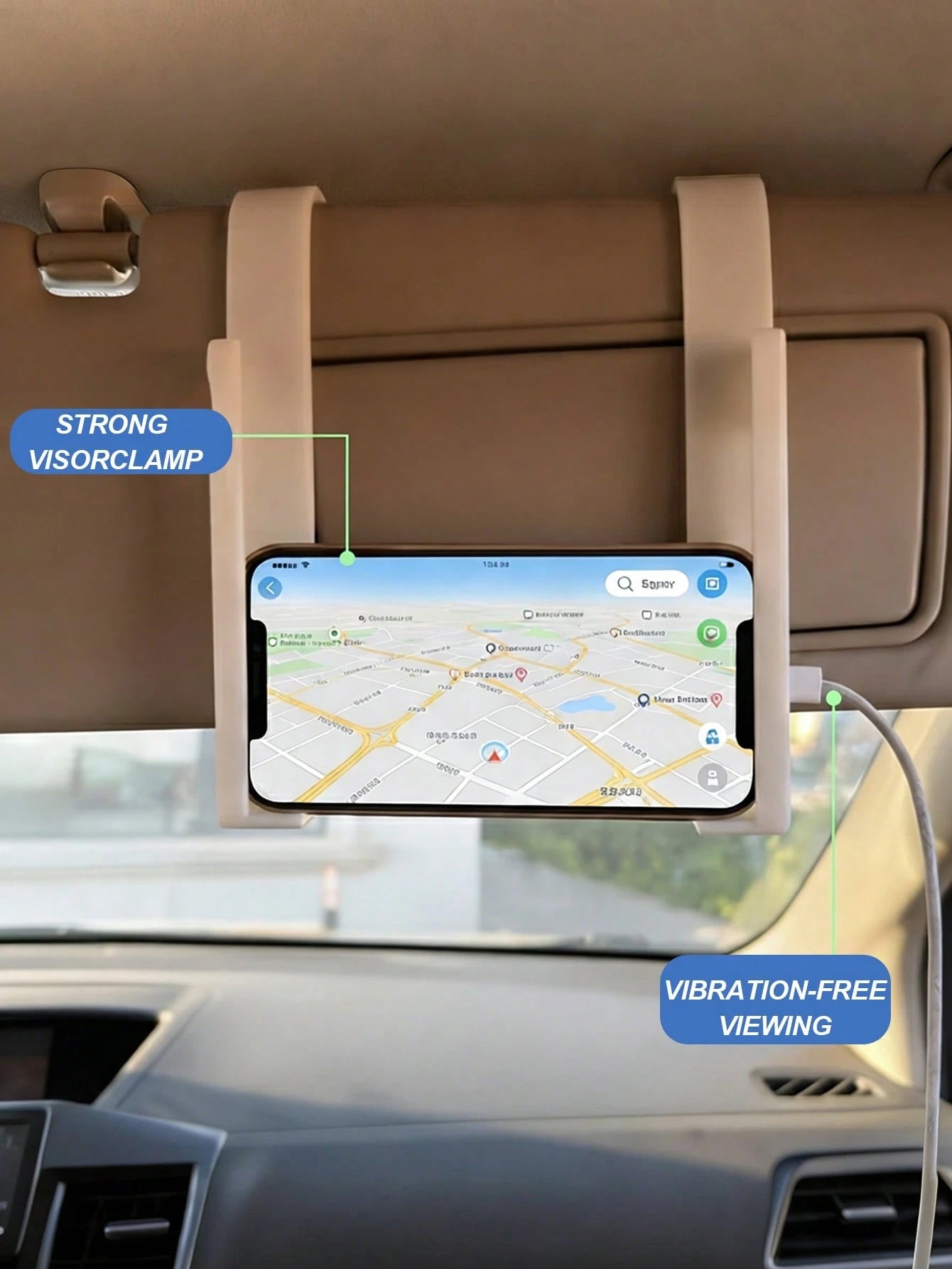 Universal Car Sun Visor Mounted Phone/Tablet Holder With Charging Port- Adjustable L-Shaped Bracket Compatible With Iphone, And Other Devices, Made Of ABS Material, Installed On Front Passenger Seat