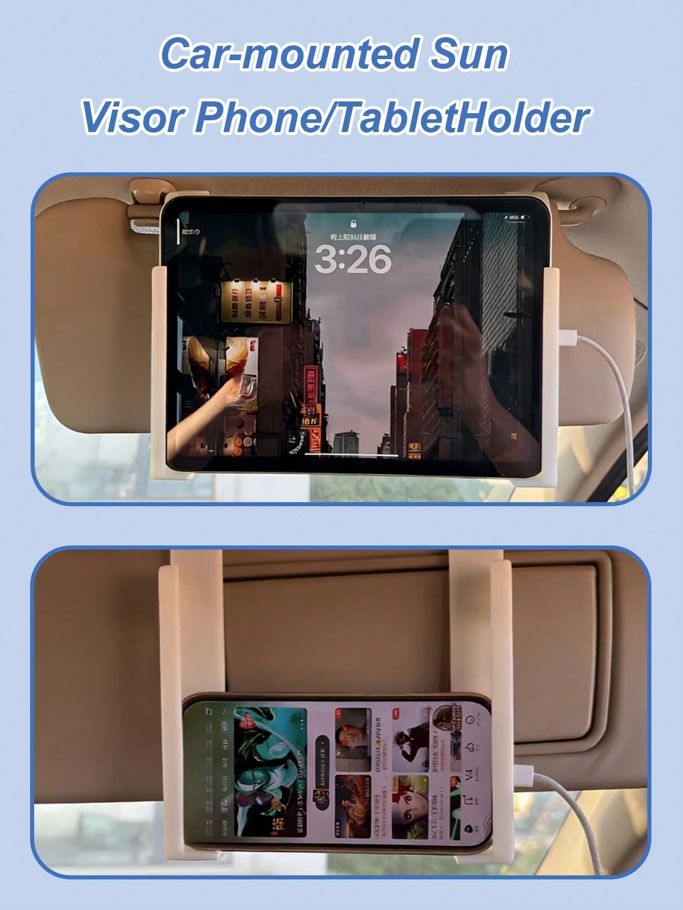 Universal Car Sun Visor Mounted Phone/Tablet Holder With Charging Port- Adjustable L-Shaped Bracket Compatible With Iphone, And Other Devices, Made Of ABS Material, Installed On Front Passenger Seat