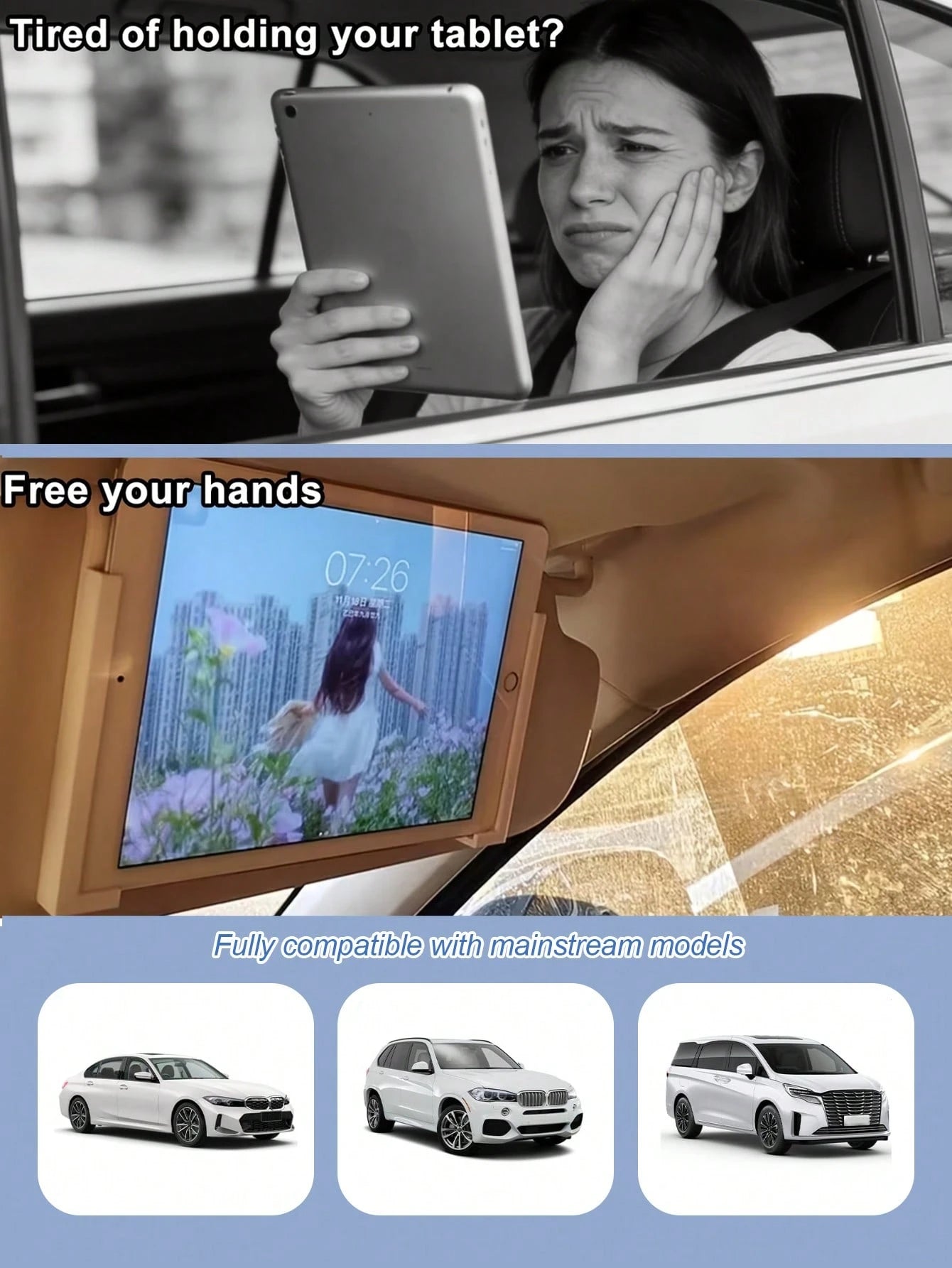 Universal Car Sun Visor Mounted Phone/Tablet Holder With Charging Port- Adjustable L-Shaped Bracket Compatible With Iphone, And Other Devices, Made Of ABS Material, Installed On Front Passenger Seat