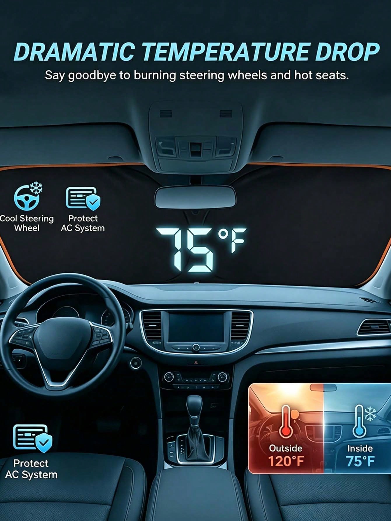 Universal Car Windshield Sun Shade, Thick Heat Insulation Anti-Glare Sun Visor, Foldable Waterproof Sun Shade, Blocks UV Rays, Keeps Car Interior Cool, Easy To Store Summer Car Interior Accessory