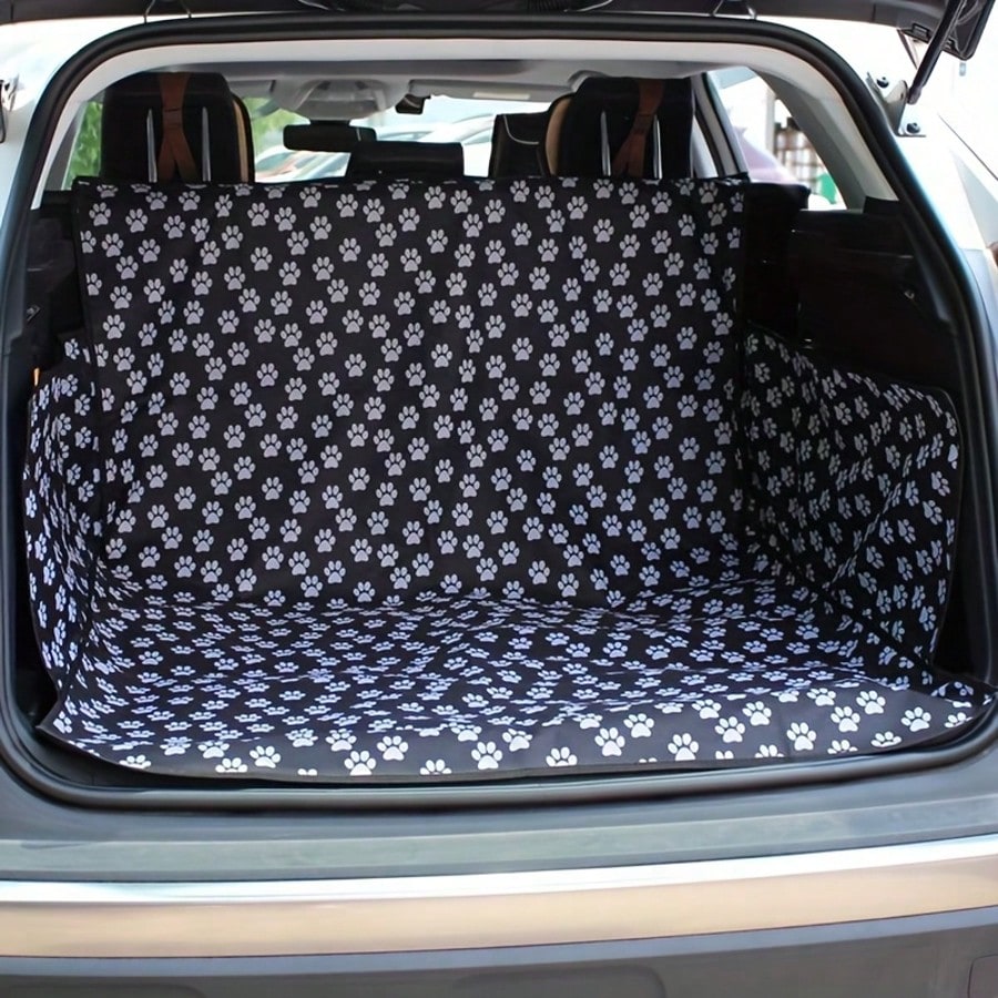 Universal Fit Dog Car Trunk Liner Protector, Non-Slip Waterproof Pet Cargo Cover, Scratch-Resistant Washable Luggage Mat For Small Trucks SUVs, Black Fabric Material, Trunk Mat With A Paw Print Patter