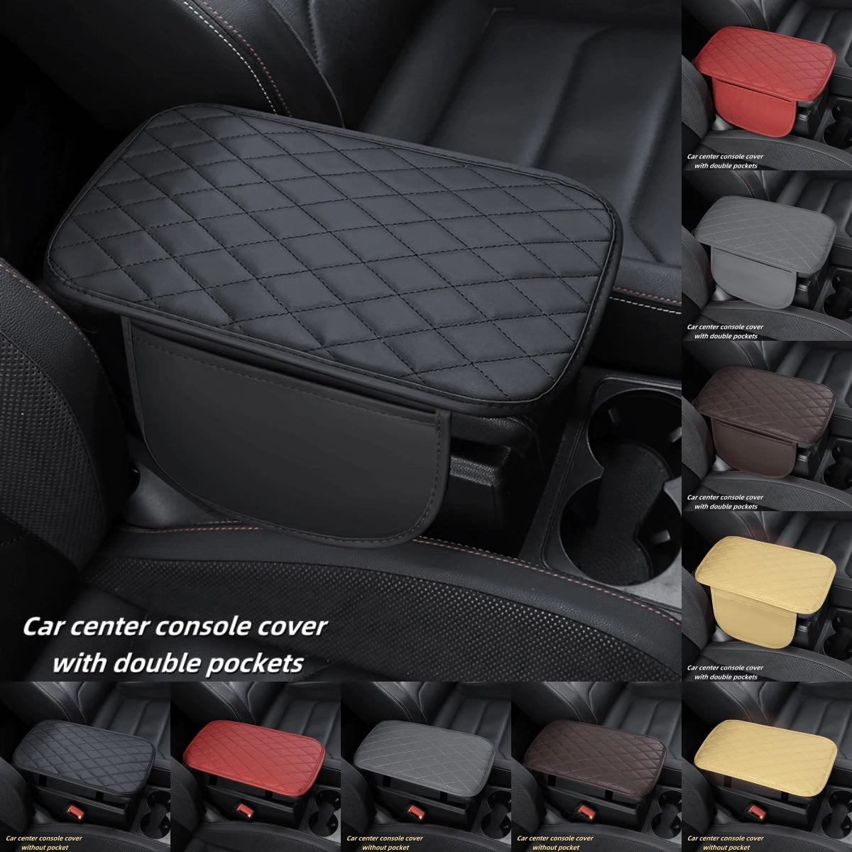 Upgraded Dual-Side Storage Car Center Console Cover, 2 Pockets/No Pockets Styles, 12.4*7.48in, Ultra-Fine Fiber PU Leather Car Armrest Pad, Universal Car Armrest Storage Box, Suitable For Cars, RVs, M