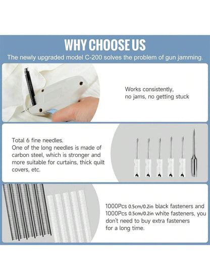 Upgraded Fine Stitch Gun, No Jam Mini Stitch Gun For Clothes, Micro Tagging Gun For Clothing, Quick Clothing Fixer Sewing Tool Kit With 6 Needles, 1000 Black & 1000 White 5mm Mini Fasteners