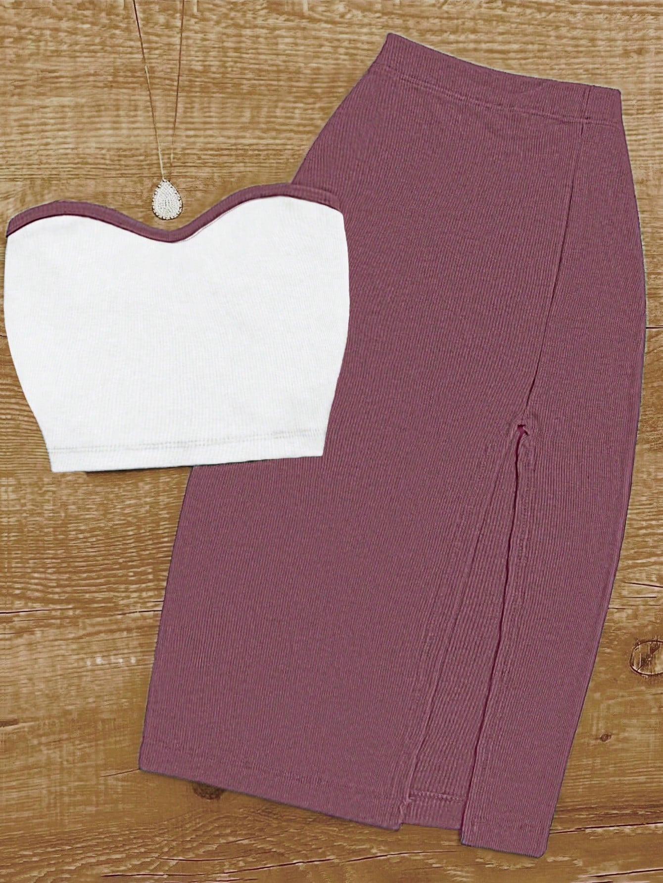 UREREM Summer Sexy Fitted Cold Shoulder Strapless Top Paired With Bodycon Skirt Set, 180G Knit Fabric Elegant