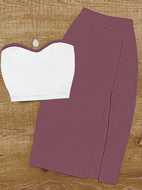 UREREM Summer Sexy Fitted Cold Shoulder Strapless Top Paired With Bodycon Skirt Set, 180G Knit Fabric Elegant