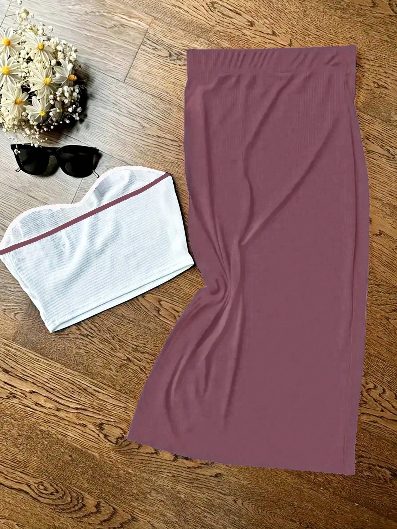 UREREM Summer Sexy Fitted Cold Shoulder Strapless Top Paired With Bodycon Skirt Set, 180G Knit Fabric Elegant