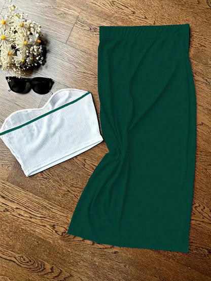 UREREM Summer Sexy Fitted Cold-Shoulder Strapless Top Paired With Bodycon Skirt Set, 180G Knit Fabric Elegant