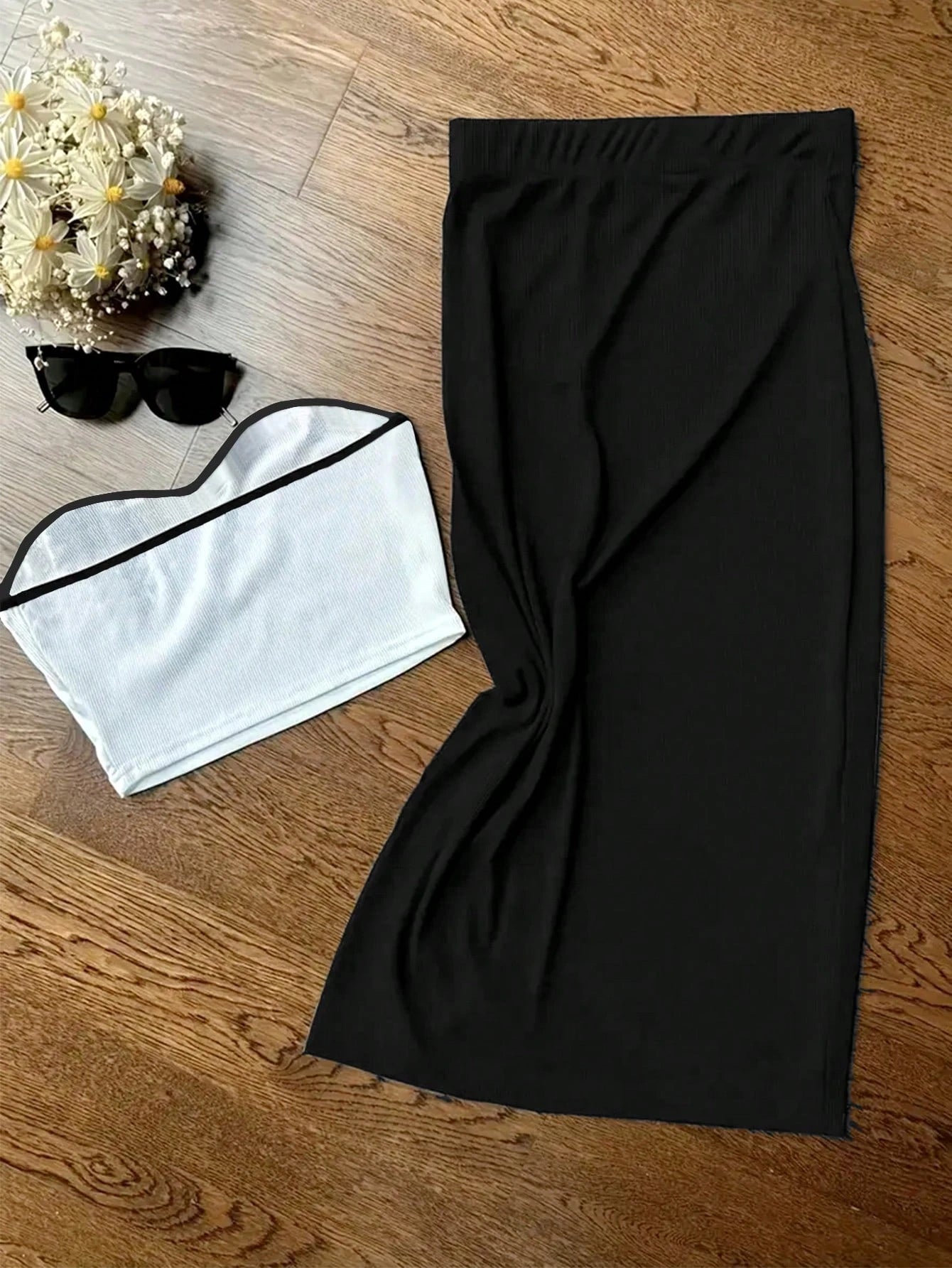 UREREM Summer Sexy Fitted Cold-Shoulder Strapless Top Paired With Bodycon Skirt Set, 180G Knit Fabric Elegant