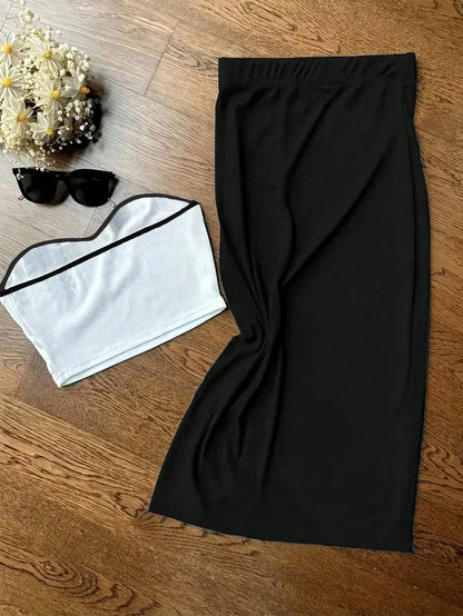 UREREM Summer Sexy Fitted Cold-Shoulder Strapless Top Paired With Bodycon Skirt Set, 180G Knit Fabric Elegant