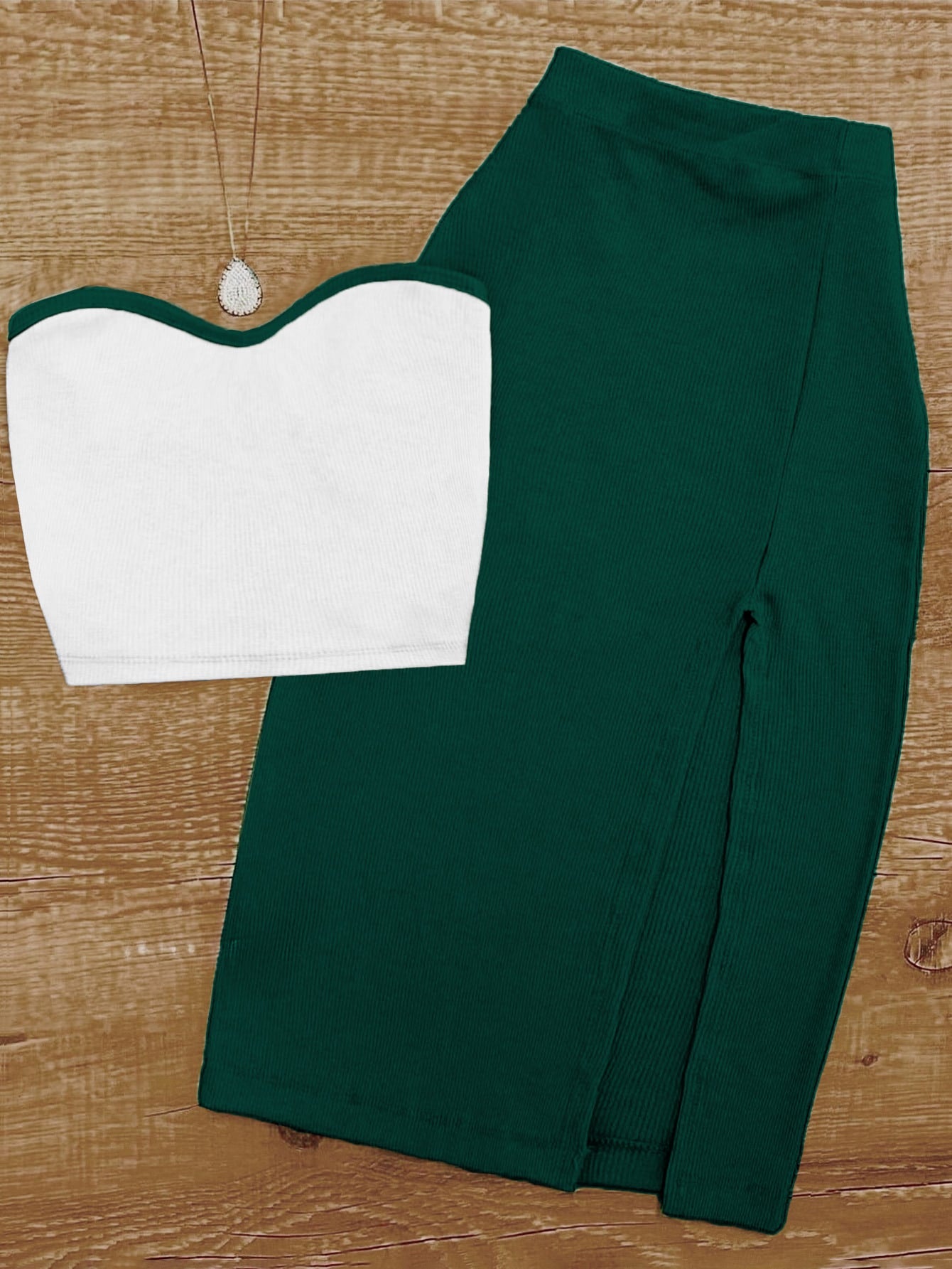UREREM Summer Sexy Fitted Cold-Shoulder Strapless Top Paired With Bodycon Skirt Set, 180G Knit Fabric Elegant