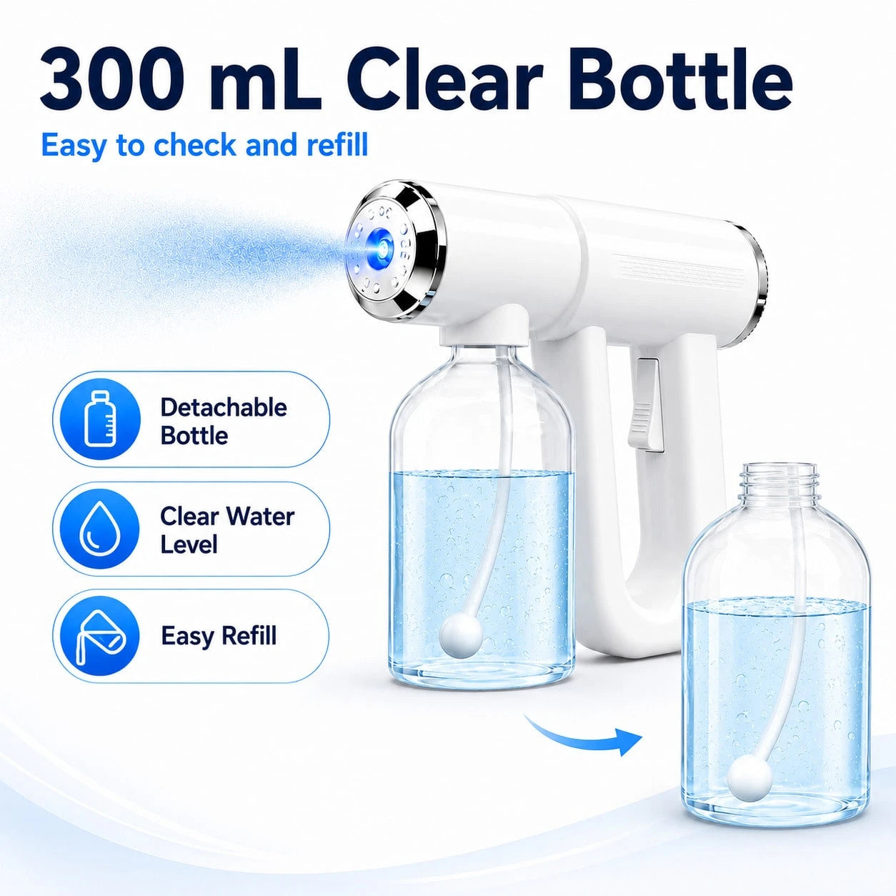 USB-C Rechargeable Handheld Electric Spray Bottle, Cordless Fine Mist Sprayer With Blue Light, 2 Spray Modes And 300mL Detachable Refillable Bottle For Home, Car And Kitchen Cleaning
