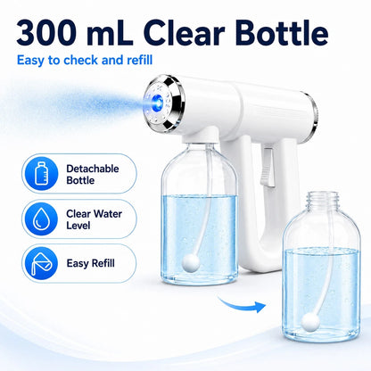 USB-C Rechargeable Handheld Electric Spray Bottle, Cordless Fine Mist Sprayer With Blue Light, 2 Spray Modes And 300mL Detachable Refillable Bottle For Home, Car And Kitchen Cleaning