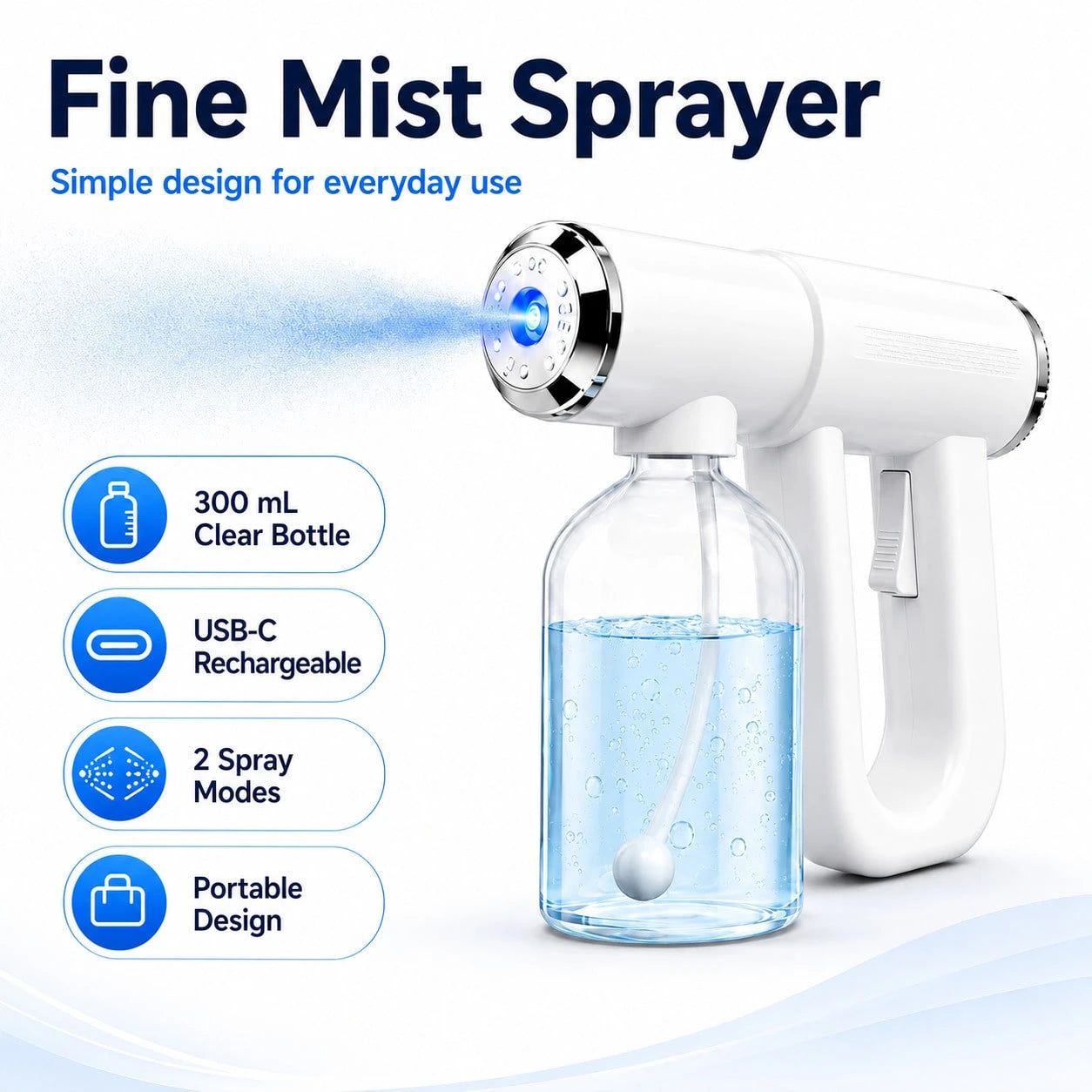USB-C Rechargeable Handheld Electric Spray Bottle, Cordless Fine Mist Sprayer With Blue Light, 2 Spray Modes And 300mL Detachable Refillable Bottle For Home, Car And Kitchen Cleaning