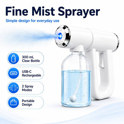 USB-C Rechargeable Handheld Electric Spray Bottle, Cordless Fine Mist Sprayer With Blue Light, 2 Spray Modes And 300mL Detachable Refillable Bottle For Home, Car And Kitchen Cleaning