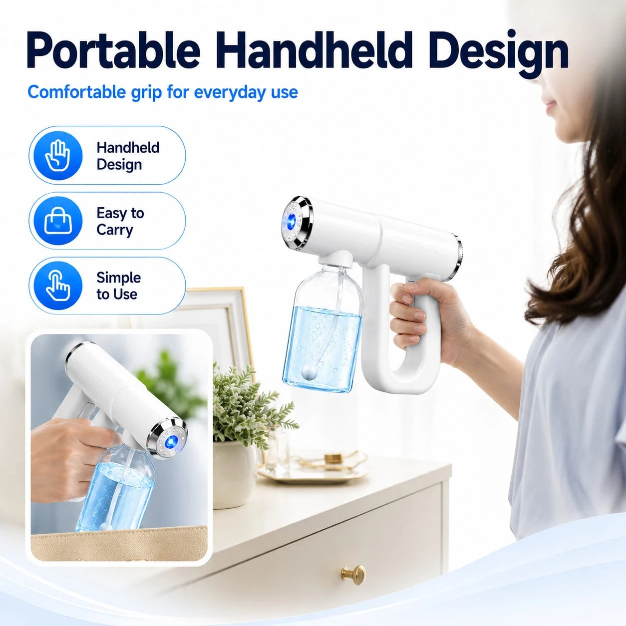 USB-C Rechargeable Handheld Electric Spray Bottle, Cordless Fine Mist Sprayer With Blue Light, 2 Spray Modes And 300mL Detachable Refillable Bottle For Home, Car And Kitchen Cleaning