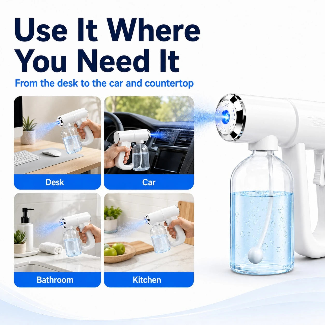 USB-C Rechargeable Handheld Electric Spray Bottle, Cordless Fine Mist Sprayer With Blue Light, 2 Spray Modes And 300mL Detachable Refillable Bottle For Home, Car And Kitchen Cleaning