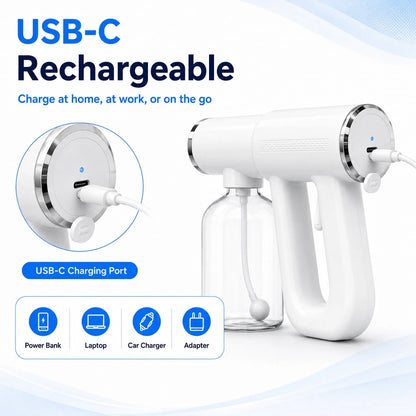 USB-C Rechargeable Handheld Electric Spray Bottle, Cordless Fine Mist Sprayer With Blue Light, 2 Spray Modes And 300mL Detachable Refillable Bottle For Home, Car And Kitchen Cleaning