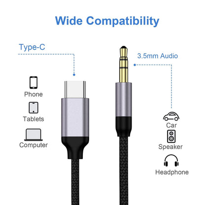 USB C To 3.5mm Audio Auxiliary Jack Cable- Type C To Male Speaker Adapter- Stereo Audio Extension Cord- Flat Cable Design- Soft Audio Cable- Premium Audio Jack- Durable- USB C To 3.5mm Converte