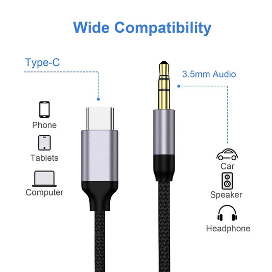 USB C To 3.5mm Audio Auxiliary Jack Cable- Type C To Male Speaker Adapter- Stereo Audio Extension Cord- Flat Cable Design- Soft Audio Cable- Premium Audio Jack- Durable- USB C To 3.5mm Converte