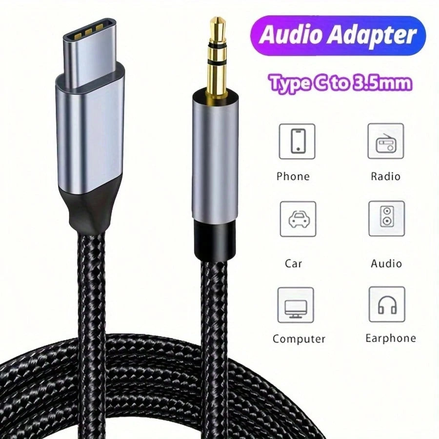 USB C To 3.5mm Audio Auxiliary Jack Cable- Type C To Male Speaker Adapter- Stereo Audio Extension Cord- Flat Cable Design- Soft Audio Cable- Premium Audio Jack- Durable- USB C To 3.5mm Converte