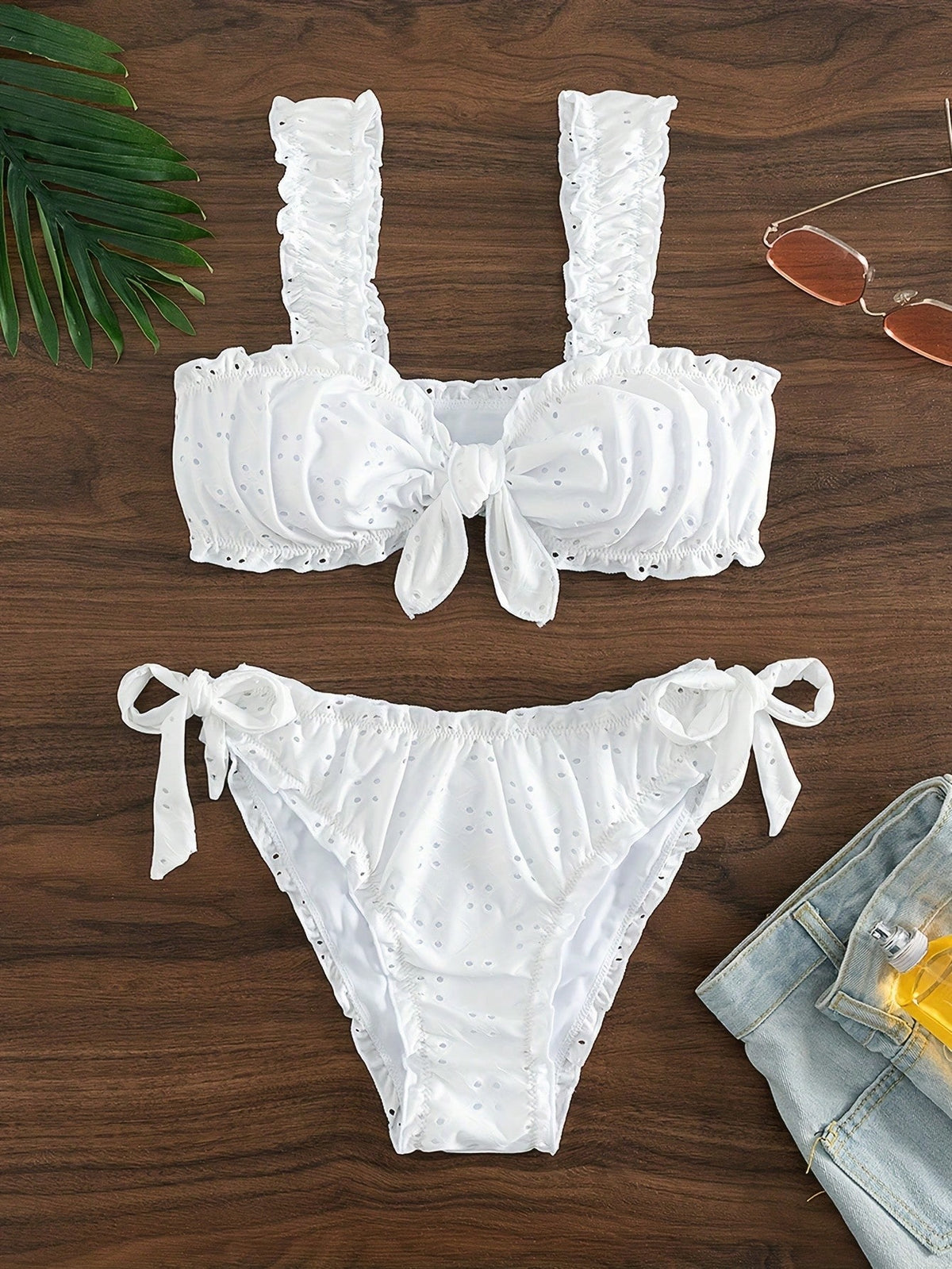 Vacation Style Solid-Color Lace Bow Swimsuit Bikini Pleated Bikini Beach Swimsuit Set