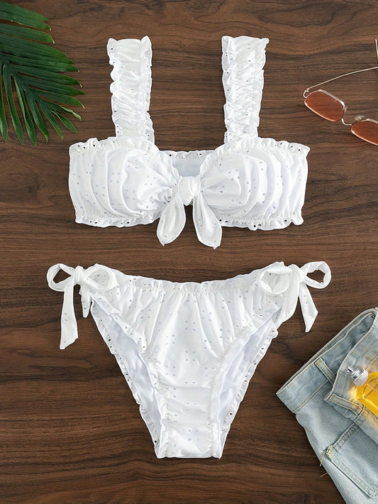 Vacation Style Solid-Color Lace Bow Swimsuit Bikini Pleated Bikini Beach Swimsuit Set
