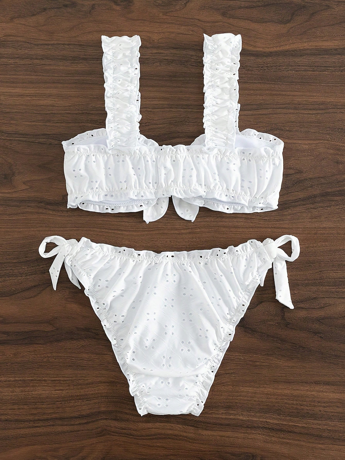 Vacation Style Solid-Color Lace Bow Swimsuit Bikini Pleated Bikini Beach Swimsuit Set