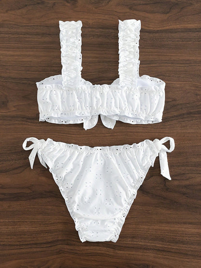 Vacation Style Solid-Color Lace Bow Swimsuit Bikini Pleated Bikini Beach Swimsuit Set