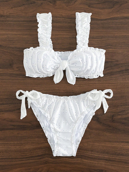 Vacation Style Solid-Color Lace Bow Swimsuit Bikini Pleated Bikini Beach Swimsuit Set