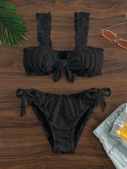 Vacation Style Solid-Color Lace Bow Swimsuit Bikini Pleated Bikini Beach Swimsuit Set