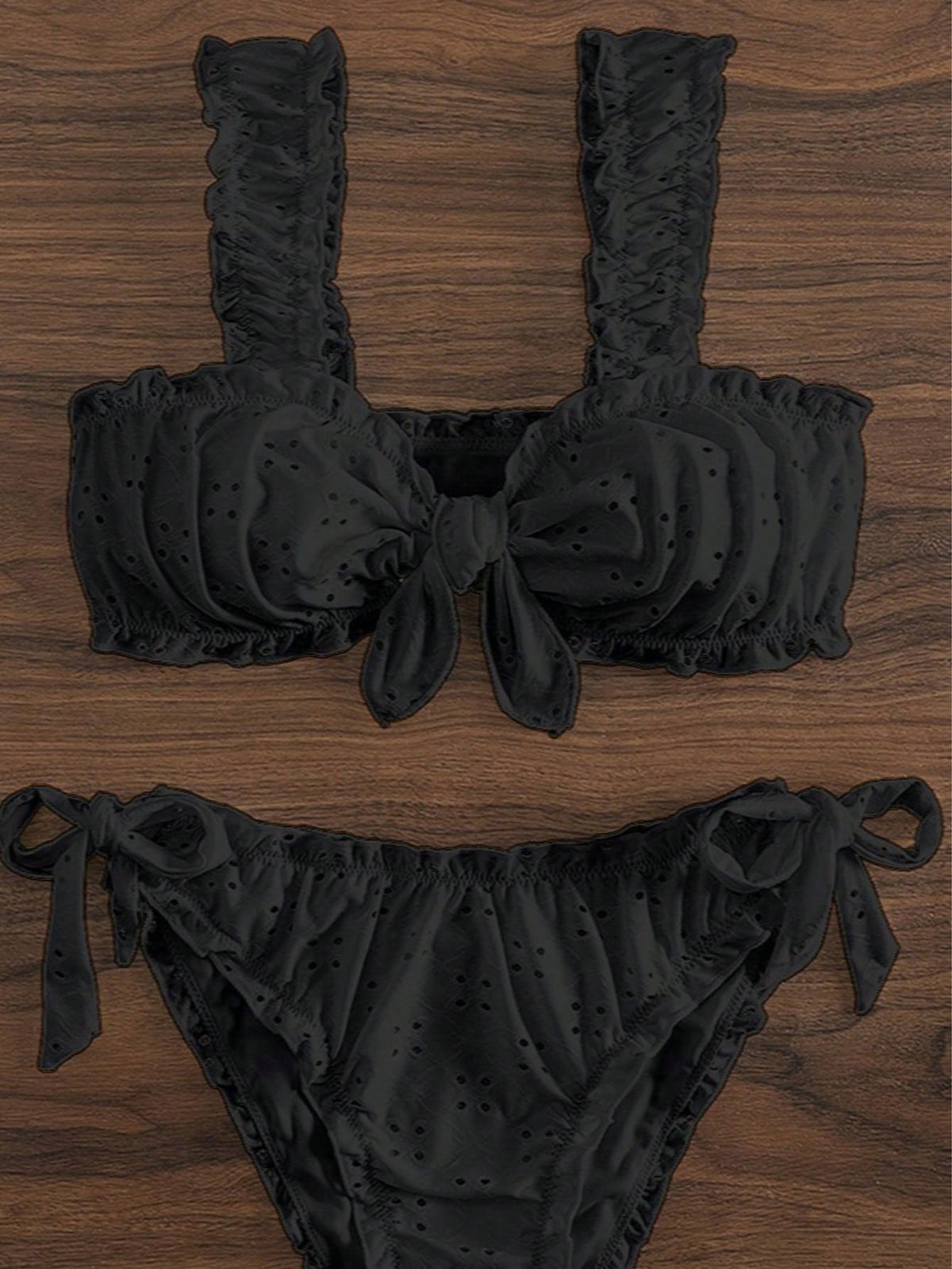 Vacation Style Solid-Color Lace Bow Swimsuit Bikini Pleated Bikini Beach Swimsuit Set