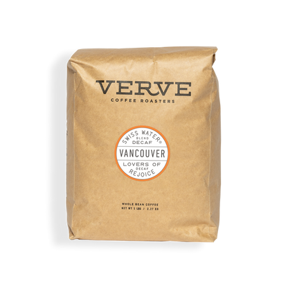 Brown paper bag of Vancouver Decaf coffee with Verve logo and circular Vancouver badge
