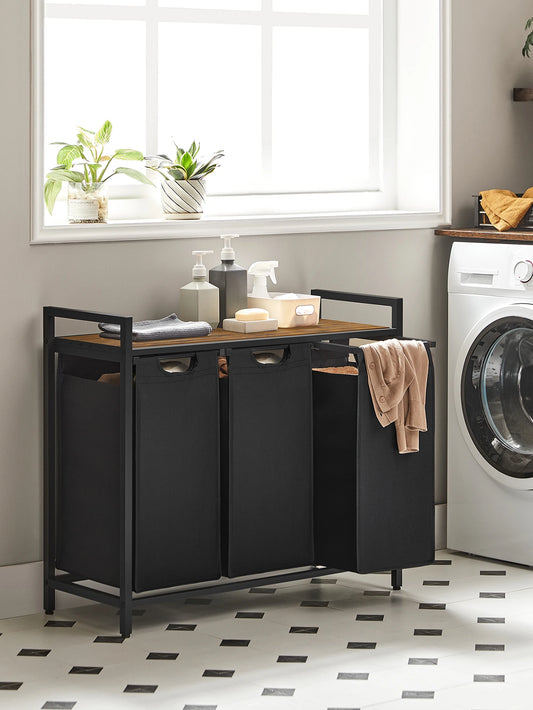 VASAGLE Laundry Hamper, Laundry Basket, Laundry Sorter With 3 Pull-Out And Removable Bags, 1 Storage Shelf, 10 Gal Capacity Per Bag, For Bathroom, Laundry Room, Ink Black And Rustic Brown UBLH301B01V1