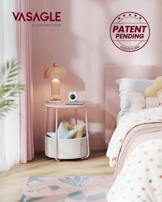 VASAGLE Small Round Side End Table, Modern Nightstand With Fabric Basket
