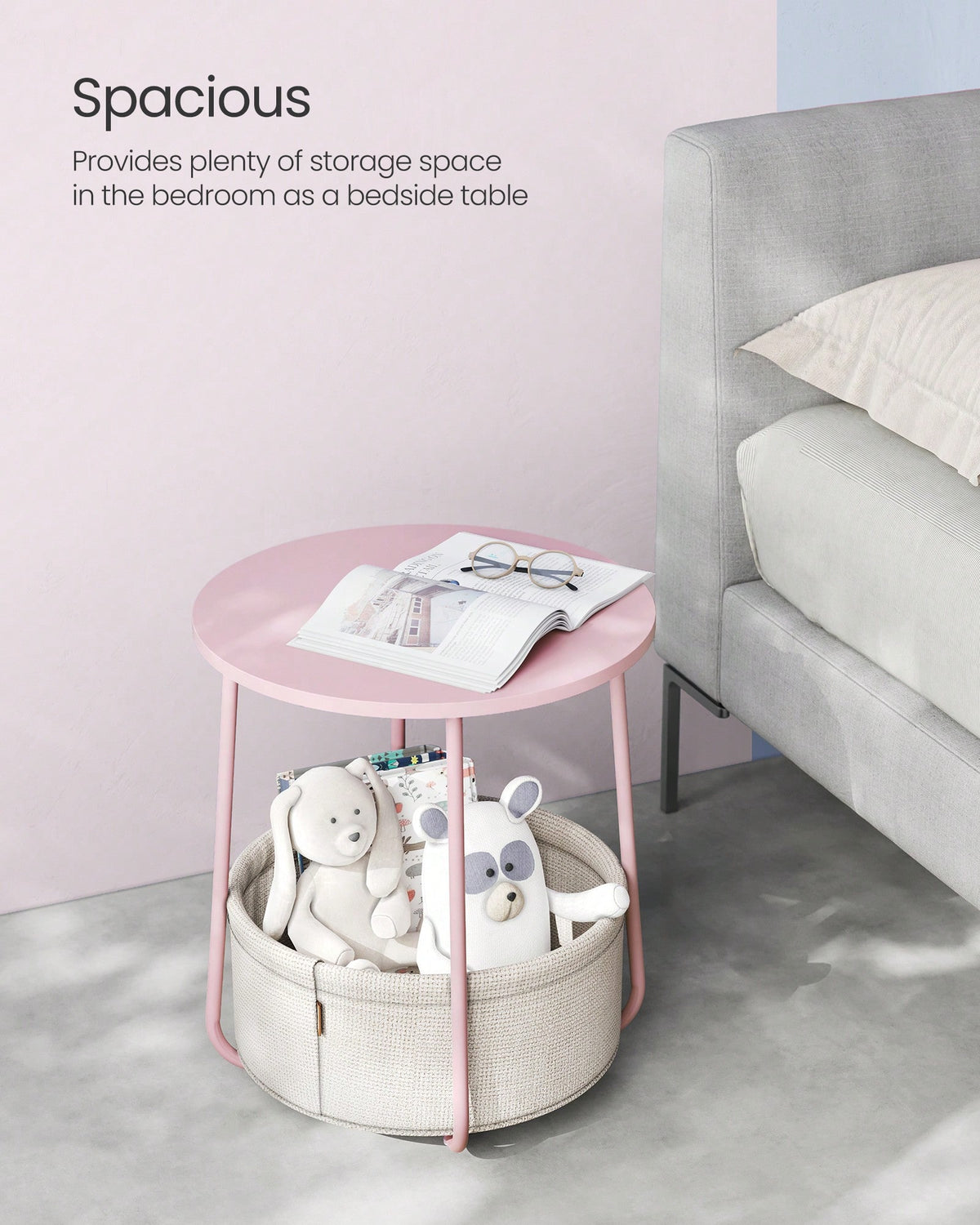 VASAGLE Small Round Side End Table, Modern Nightstand With Fabric Basket