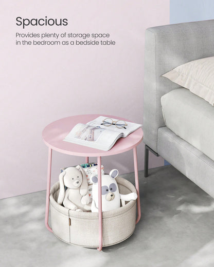 VASAGLE Small Round Side End Table, Modern Nightstand With Fabric Basket