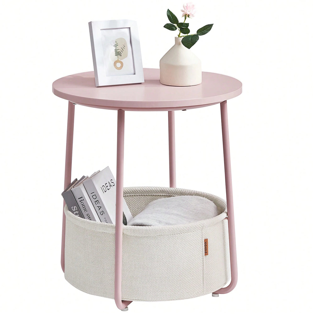 VASAGLE Small Round Side End Table, Modern Nightstand With Fabric Basket