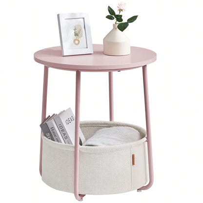 VASAGLE Small Round Side End Table, Modern Nightstand With Fabric Basket